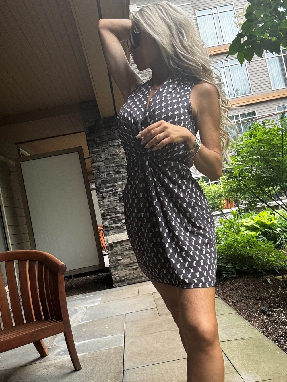 Vintage Slate blue Cat print Small Printed Twist-Front Mini Dress sundress